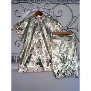 Vintage Sage Green Satin Brocade Pajama Set Butterfly Frog Button